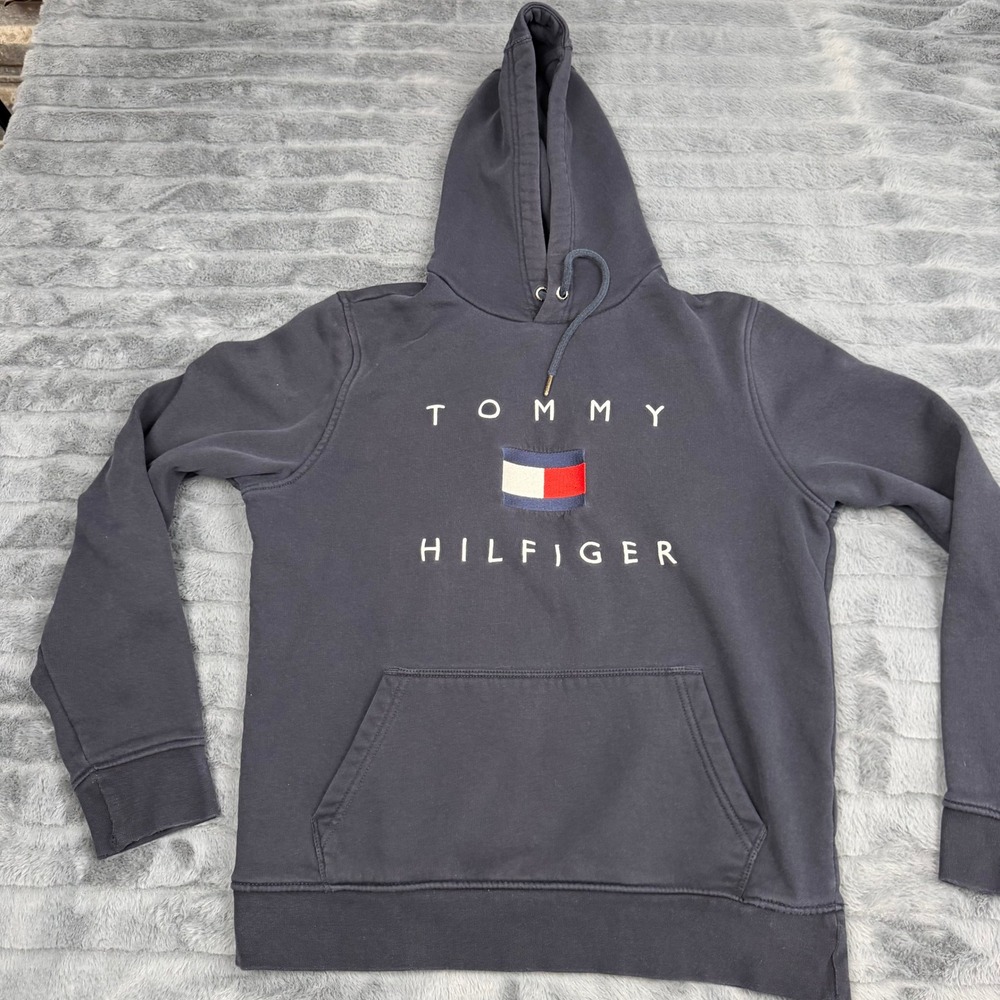 Tommy Hilfiger Mens Navy Blue Embroidered Logo Fleece Pullover Hoodie Medium